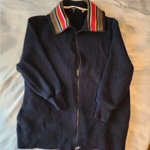 Ted Baker London Full Zip Knit Sweater Top Men's XL Blue Navy Multicolor Neck